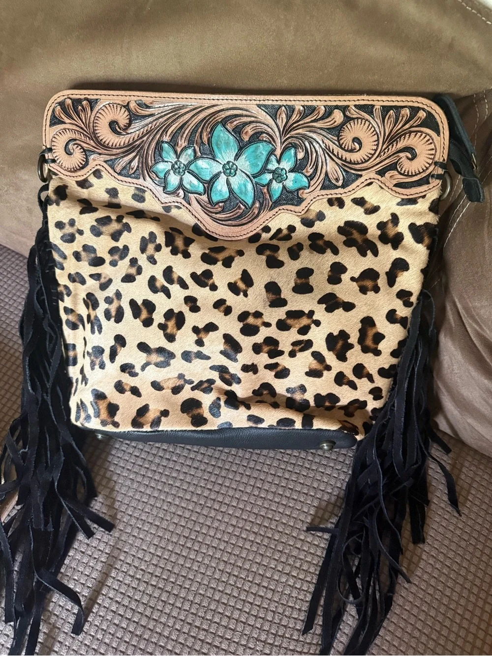 Leopard Print Shoulder/Crossbody Bag with Turquoise Tooled Floral Accent - Picture 1 of 6